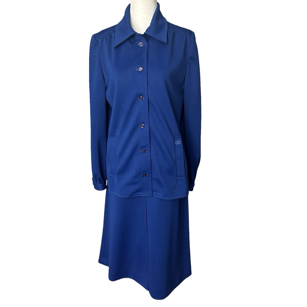 Givenchy Sport Vtg 70s Skirt Suit Sz 12 Shirt Sz Small Skirt Navy Blue Retro